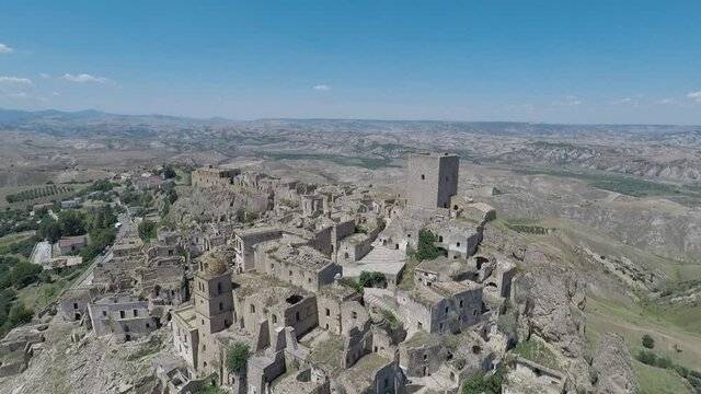 Aerial view of the ruins of the ancient city of Craco, Italy