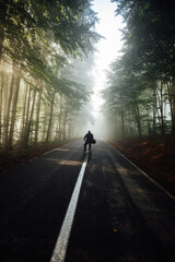 unrecognizable man riding his bicycle at sunrise along empty asphalt road leading through the beautiful sunlit forest.