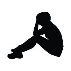 Sitting sad woman silhouette vector, person isolated in black and white.