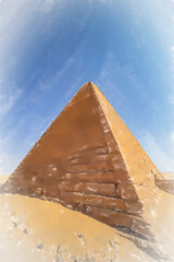 watercolor illustration: Restored pyramid in Meroe in the desert of Sudan shining in bright sunlight, Africa