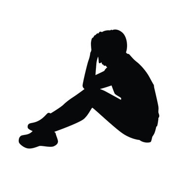 recommend clip art: Sitting sad woman silhouette vector, person isolated in black and white.