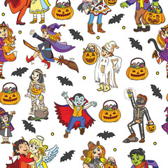Seamless pattern with characters and Halloween theme