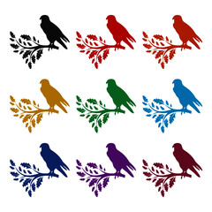 Silhouette of bird on a branch icon, color set