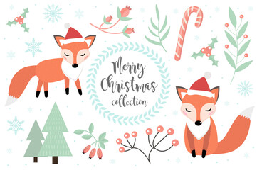 Cute fox in the winter forest set of objects. Collection of design elements with a little foxy in a hat of Santa Claus, snowflakes and a Christmas tree. Merry christmas postcard. Vector