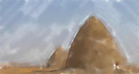watercolor illustration: Tombs of Old Dongola Cemetery and Tombs in the North of the Sudanese Desert, Africa