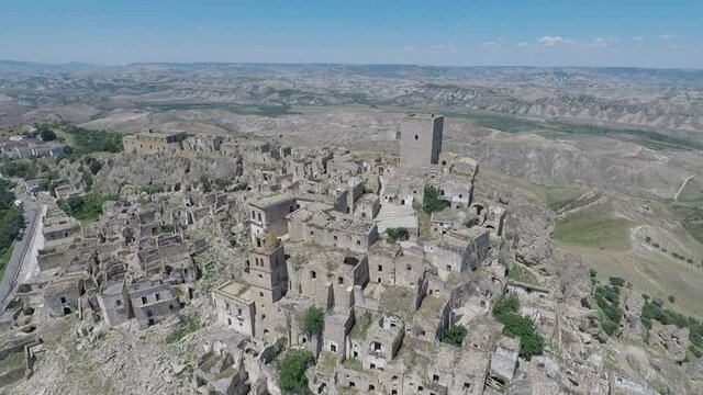 Aerial view of the ruins of the ancient city of Craco, Italy
