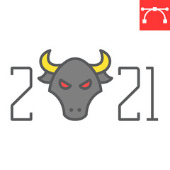 Year of the bull 2021 color line icon, merry christmas and new year, year of the ox sign vector graphics, editable stroke filled outline icon, eps 10.