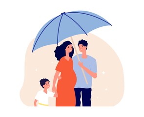 Family protection concept. Man holding umbrella under pregnant wife and son. Happy parents and child. Life insurance, social protect metaphor vector illustration. Family protection and medical safety