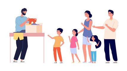 Obraz premium Gift clothes for large family. People need textile for children, volunteer and parents with kids. Donations for poor family vector illustration. Charity and donation to poor family