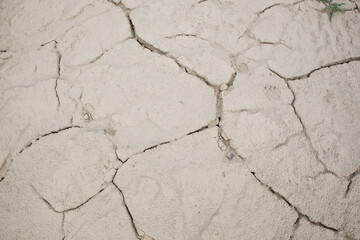 Fototapeta premium Cracked earth soil ground texture background. Mosaic pattern of dried mud clay earth and sand, top view. The concept of soil erosion climate change and sudden changes in air temperature.