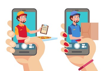 Online delivery app. Man with parcel and pizza looking from smartphone. Mobile logistic service, order food vector concept. Illustration express order, delivery pizza