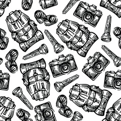 adventure equipment seamless vector Patterns. Doodles design on white background.