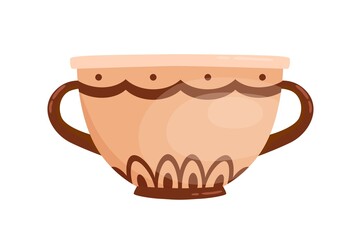 Ancient greek clay pot with handles vector flat illustration. Traditional antique pottery decorated by Hellenic ornaments isolated on white. Ceramic bowl archaeological artefact crockery