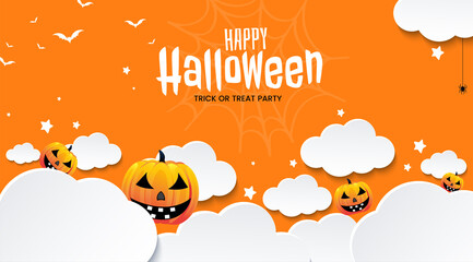 Happy Halloween yellow banner, Halloween party invitation with white cloud on yellow background, bats and pumpkins in paper cut style. Vector illustration, spiders web and stars. 