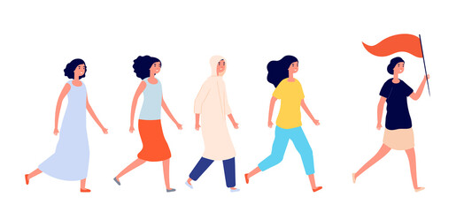Women empowerment. Strong woman, young female friends support. Feminism or girl power teamwork, group of activists together vector concept. Feminist protest, female together sisterhood illustration