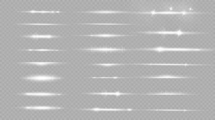 Set of white horizontal lens flares. Laser beams, horizontal light beams. Glow transparent vector set of light effects, explosion, glitter, spark, solar flare.