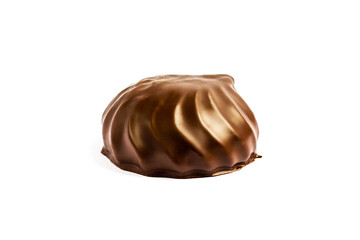 Сhocolate marshmallow, chocolate brownie on a white plate. Isolate of marshmallow in chocolate.