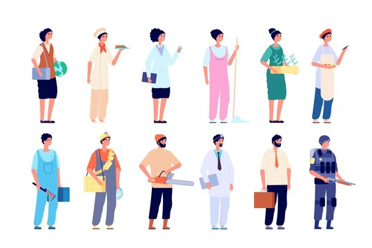 Professionals characters. Different employees, group of workers. Isolated people wear uniform, social worker healthcare manager vector. Character worker and manager, different profession illustration