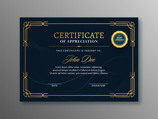 Appreciation Certificate Template Design with Abstract Waves and Golden Badge.