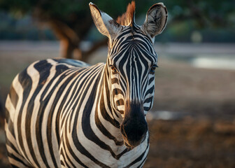 Fototapeta na wymiar Zebra stands and looks forward