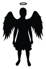 Lady angel silhouette vector, person isolated in black and white.