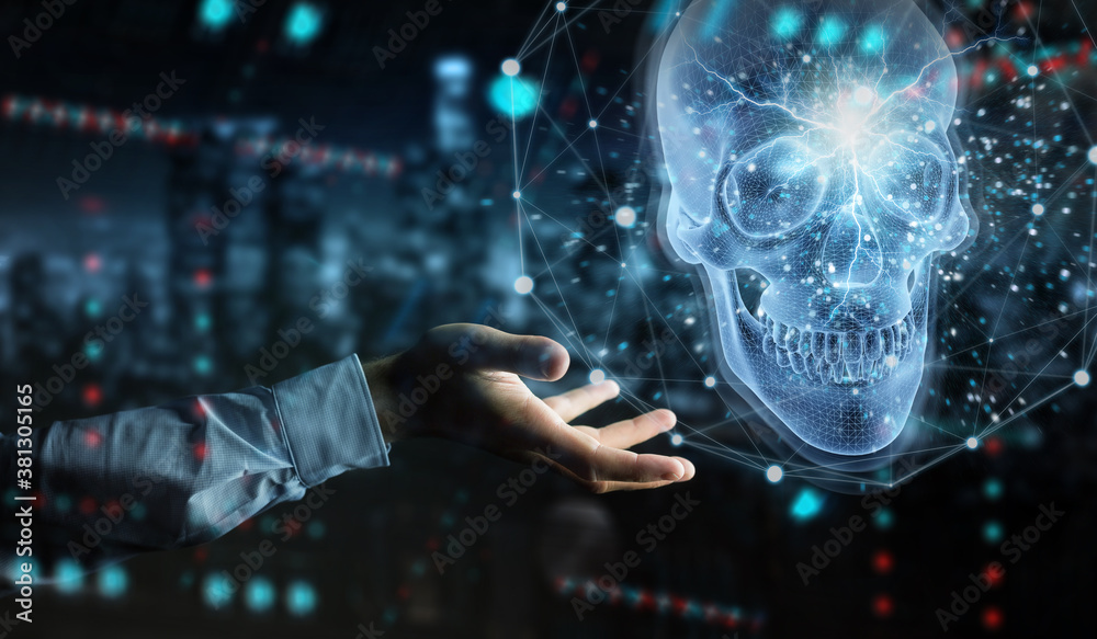 Poster Man hand using digital x-ray skull holographic scan projection 3D rendering