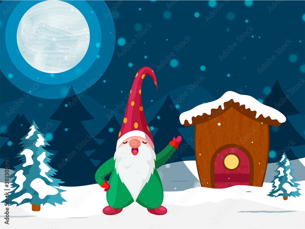 Sticker Full Moon Winter Landscape Background with Snowy House and Cartoon Gnome Character.