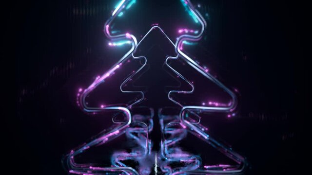 Tunnel of glowing neon christmas trees. 3D render seamless loop animation