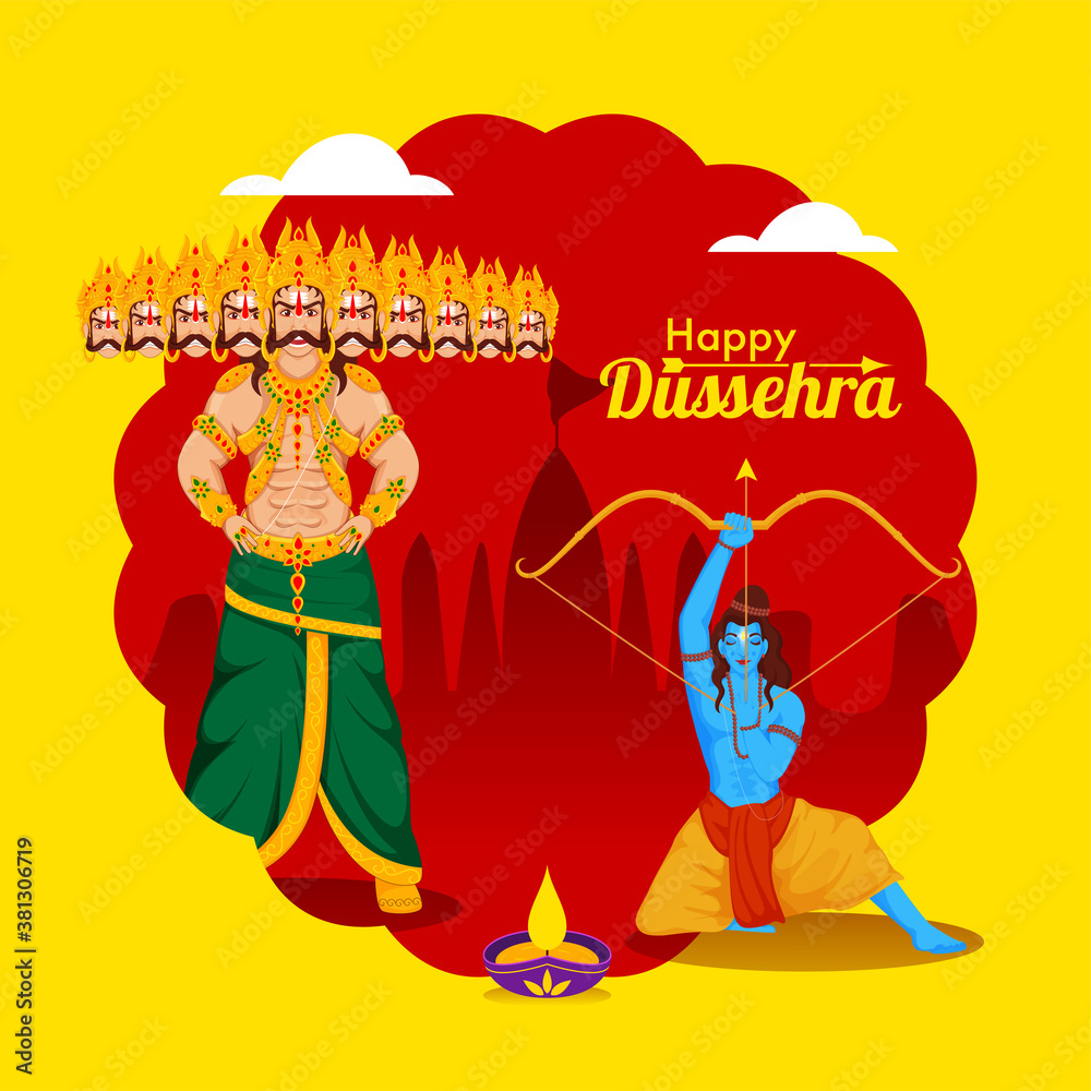 Wall mural Illustration of Demon Ravana with Lord Rama Holding Bow Arrow and Lit Oil Lamp (Diya) on Red and Yellow Background for Happy Dussehra.