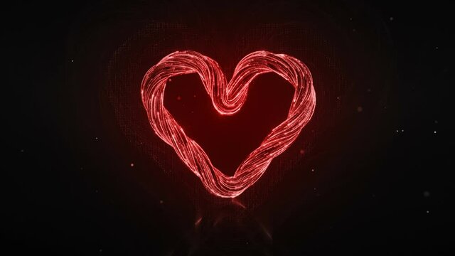 Red heart shape of glow light trails. 3D render seamless loop animation