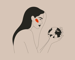 Young woman holds a small Earth in her arms. Strong girl supports planet in her hands. Female character black Silhouette. Vector illustration