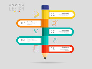 Education Infographic Template Design with Colorful Pencil and 5 Options.