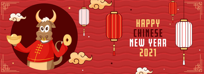 2021 Happy Chinese New Year Header Or Banner Design with Cartoon Ox Character Holding Ingot and Emperor's Coin on Red Waves Background.