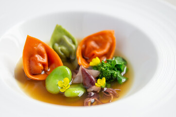 タイトル : 赤と緑の２色の手打ちパスタ　トルテッリ　ホタルイカと空豆と菜の花