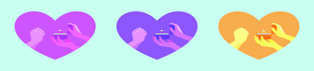 set of hand holding gift box with ring filled cartoon icon design template with various models. vector illustration isolated on blue background