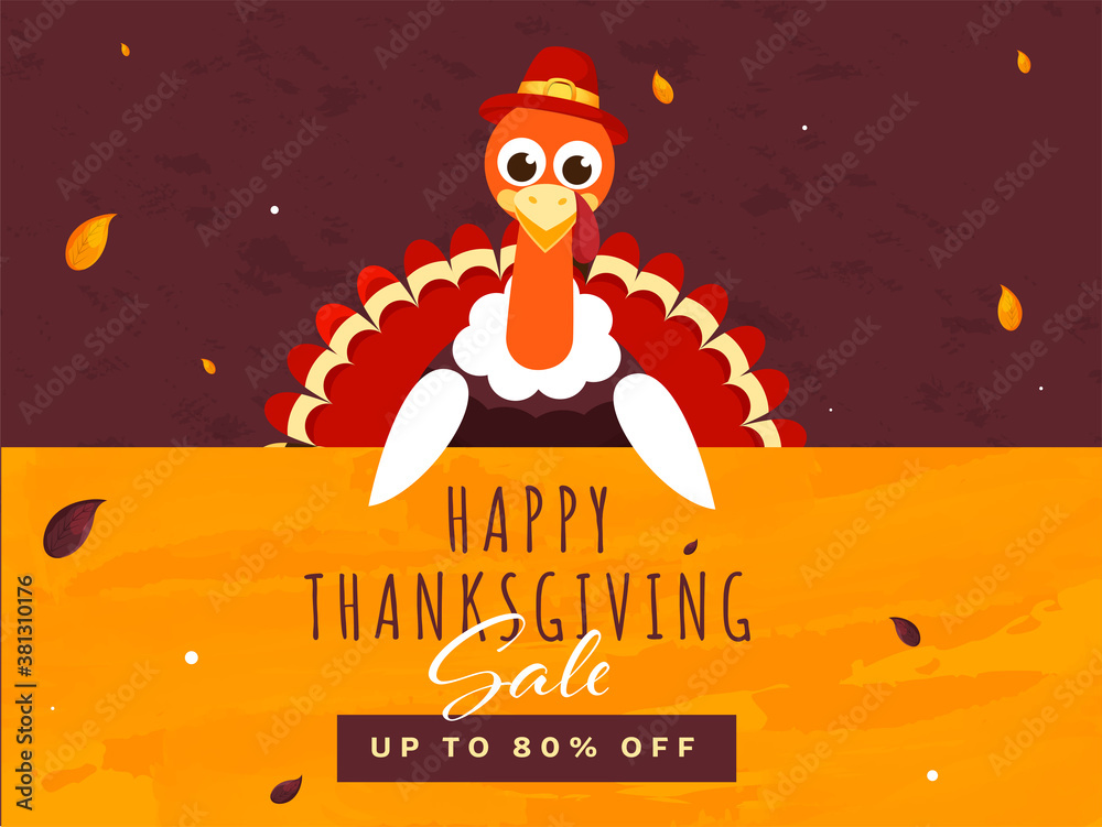 Poster happy thanksgiving sale poster design with 80% discount offer and cartoon turkey bird on orange and 