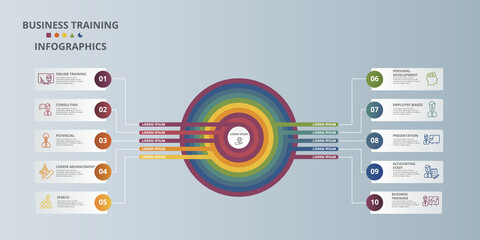 Infographic Business Management template. Icons in different colors. Include Leadership, Personal Development, Positive Psychology, Autonomy and others.