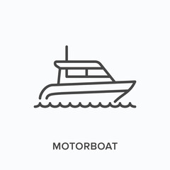 Motorboat flat line icon. Vector outline illustration of motor boat, water transportation. Speedboat thin linear pictogram