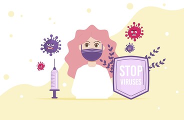 Stop Virus concept vector illustration. Woman doctor in mask.