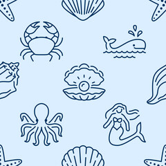 Seashell seamless pattern. Vector background included line icons as sea shells, scallop, starfish, mermaid, octopus, crab, nautical texture ocean life for fabric, blue color