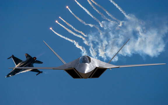 General Dynamics F-16 Fighting Falcon in a defensive maneuver during a maneuvering fight with a sixth generation fighter