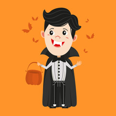 Happy Halloween. Halloween vampire boy. Boy kid in halloween costume with pumpkin basket. On orange background