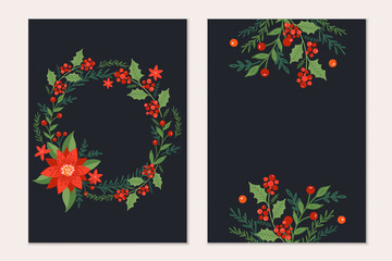 Christmas greeting cards template with pine tree branches, Poinsettia flowers and red berries on black background. Holiday invitation.