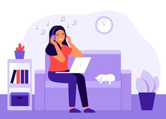 Joyful young woman listening to music at home using headphones. Music enjoyment, music therapy. Happy girl with headphones is resting at home. Vector illustration