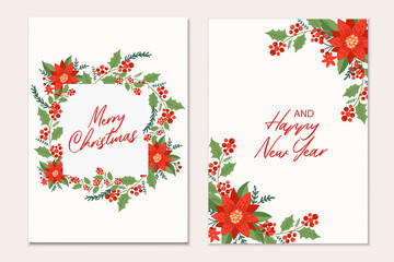 Christmas greeting cards template with pine tree branches, Poinsettia flowers and red berries on black background. Holiday invitation.