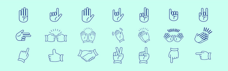 Clapping hands and other gestures. Thin line icons set. Flat style color vector symbols isolated on blue background