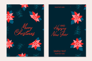 Obraz na płótnie Canvas Christmas greeting cards template with pine tree branches, Poinsettia flowers and red berries on black background. Holiday invitation.