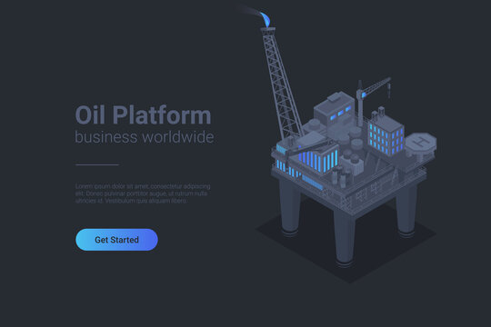 Oil Platform Isometric Flat Black Monochrome Vector Concept.