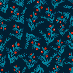 Fototapeta na wymiar Christmas seamless pattern on pink background with Poinsettia flowers, pine branches and berries. background.