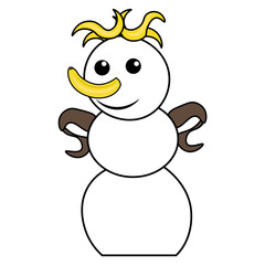 Funny and kind snowman with a banana for a nose. Vector illustration on a white isolated background.